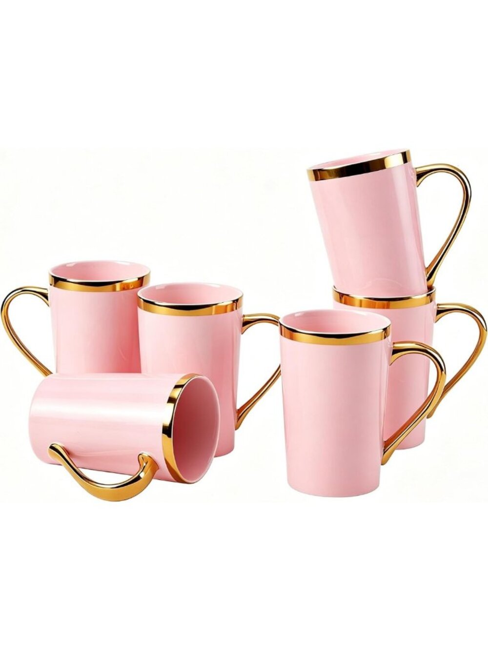 Set of 6 Pink & Gold Porcelain Coffee Mugs - 12 oz Elegant Drinkware